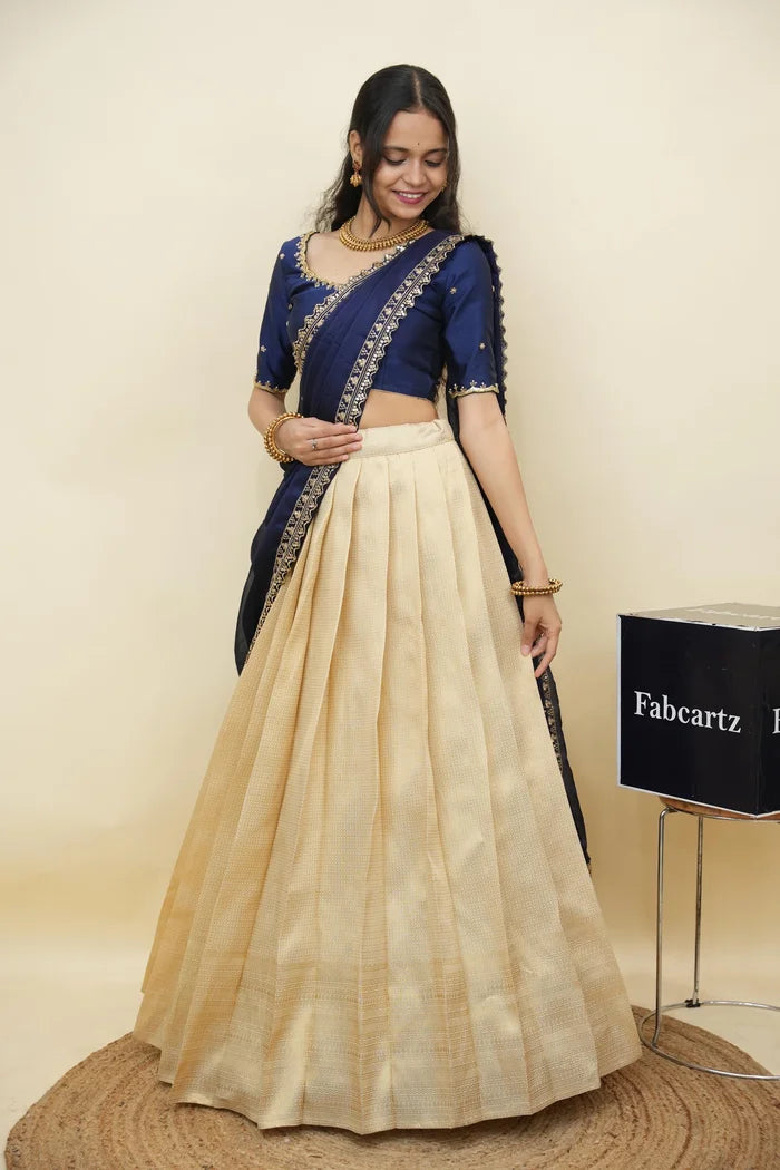 Beautiful South Indian Style Half Saree with Beads Work Blouse and Dupatta for Women | Sanskruti Kv