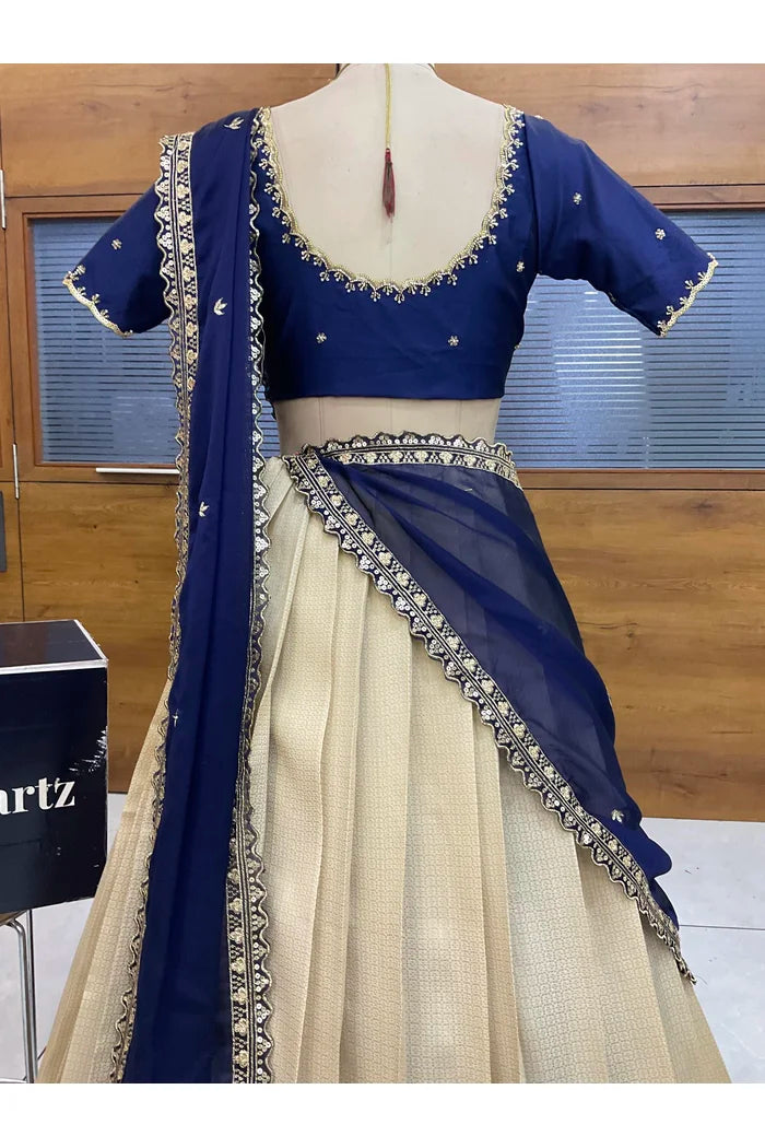 Beautiful South Indian Style Half Saree with Beads Work Blouse and Dupatta for Women | Sanskruti