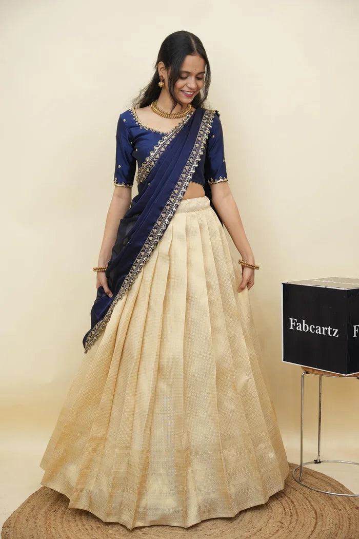 Beautiful South Indian Style Half Saree with Beads Work Blouse and Dupatta for Women | Sanskruti Kv
