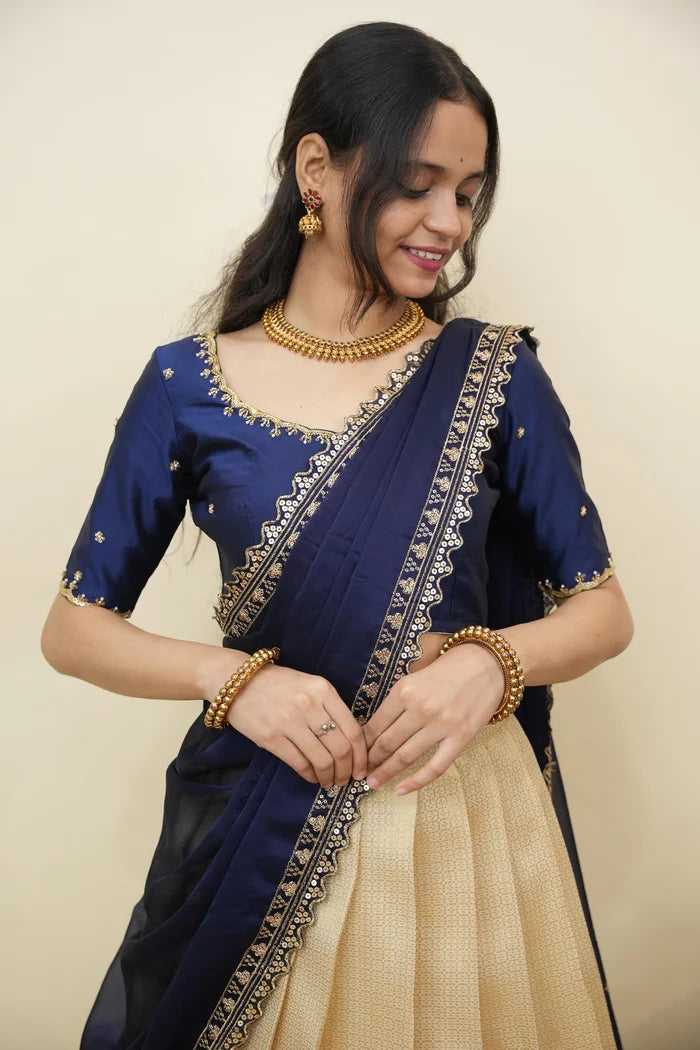 Beautiful South Indian Style Half Saree with Beads Work Blouse and Dupatta for Women | Sanskruti Kv