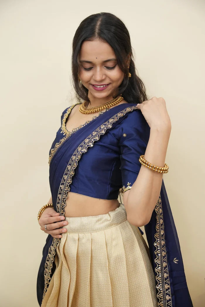 Beautiful South Indian Style Half Saree with Beads Work Blouse and Dupatta for Women | Sanskruti Kv