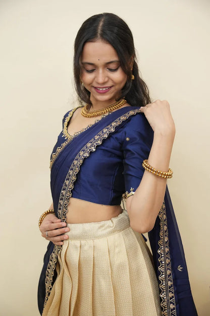 Beautiful South Indian Style Half Saree with Beads Work Blouse and Dupatta for Women | Sanskruti Kv