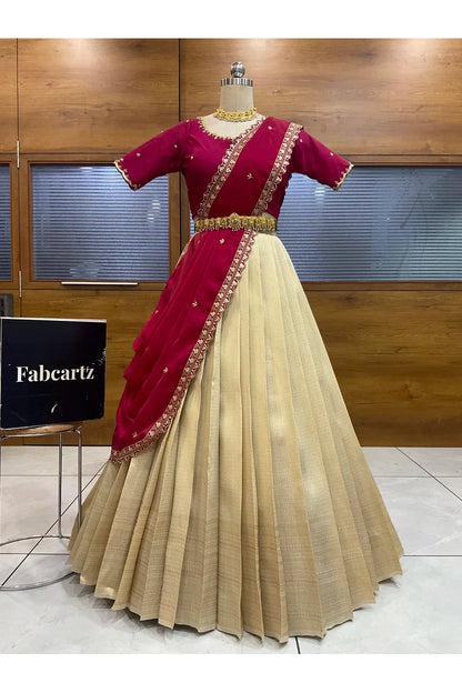 Beautiful South Indian Style Half Saree with Beads Work Blouse and Dupatta for Women | Sanskruti