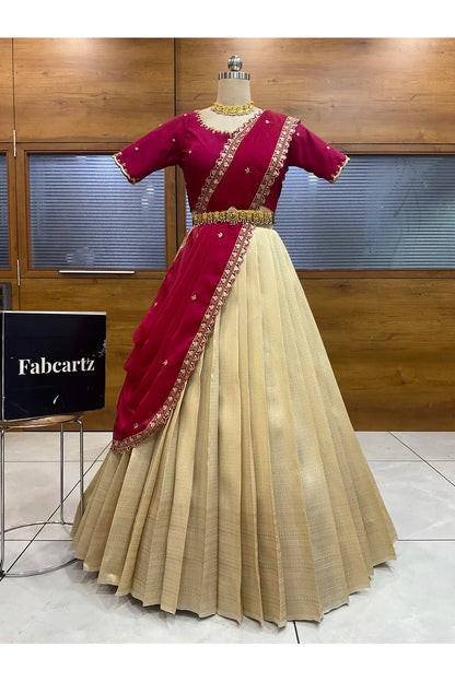 Beautiful South Indian Style Half Saree with Beads Work Blouse and Dupatta for Women | Sanskruti