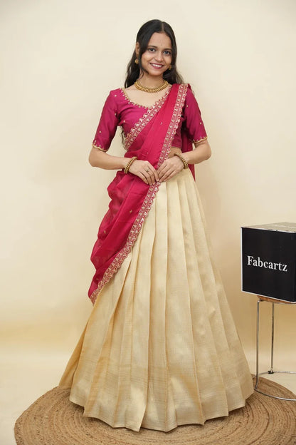 Beautiful South Indian Style Half Saree with Beads Work Blouse and Dupatta for Women | Sanskruti Kv
