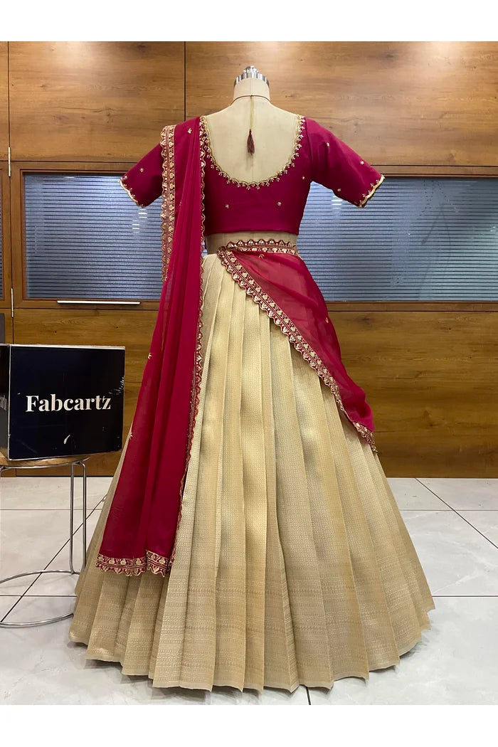 Beautiful South Indian Style Half Saree with Beads Work Blouse and Dupatta for Women | Sanskruti