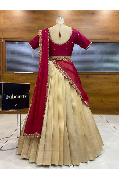 Beautiful South Indian Style Half Saree with Beads Work Blouse and Dupatta for Women | Sanskruti
