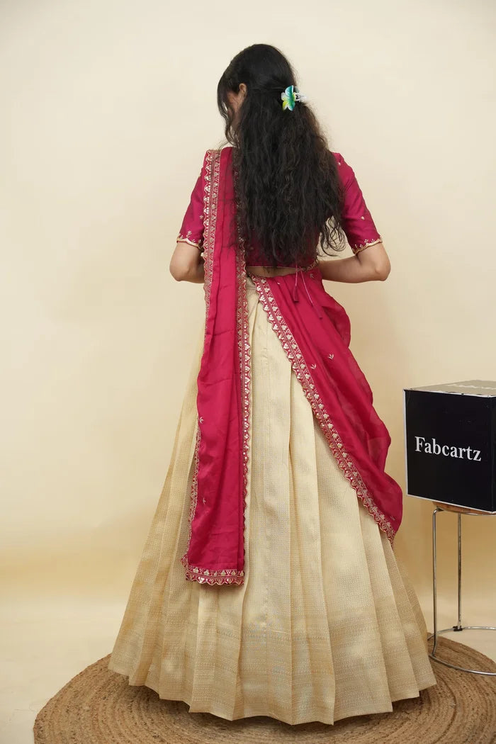 Beautiful South Indian Style Half Saree with Beads Work Blouse and Dupatta for Women | Sanskruti Kv