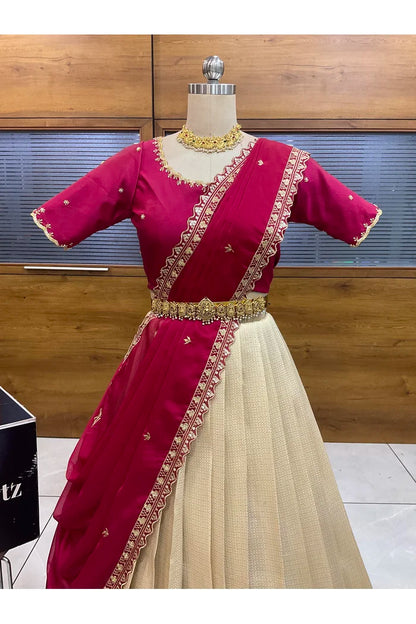 Beautiful South Indian Style Half Saree with Beads Work Blouse and Dupatta for Women | Sanskruti
