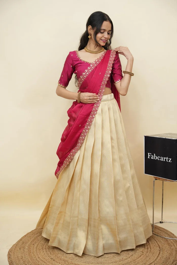 Beautiful South Indian Style Half Saree with Beads Work Blouse and Dupatta for Women | Sanskruti Kv