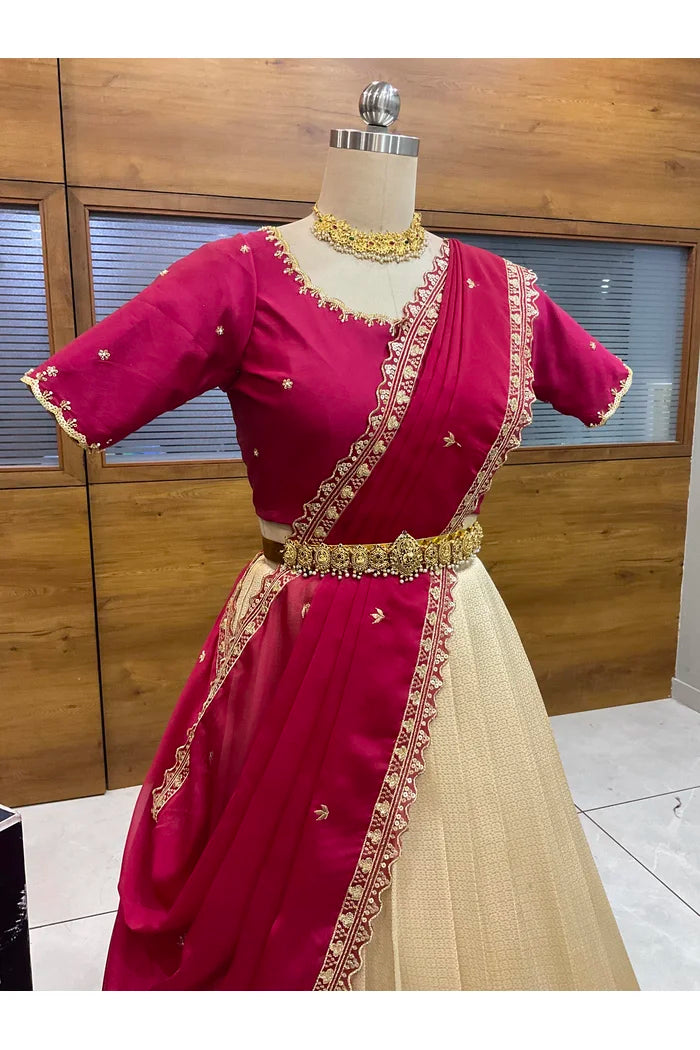 Beautiful South Indian Style Half Saree with Beads Work Blouse and Dupatta for Women | Sanskruti