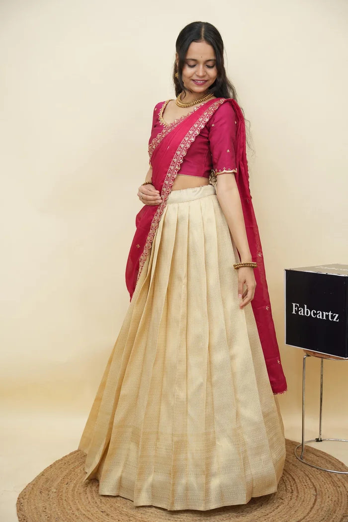 Beautiful South Indian Style Half Saree with Beads Work Blouse and Dupatta for Women | Sanskruti Kv