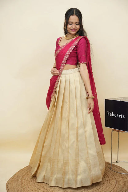 Beautiful South Indian Style Half Saree with Beads Work Blouse and Dupatta for Women | Sanskruti Kv
