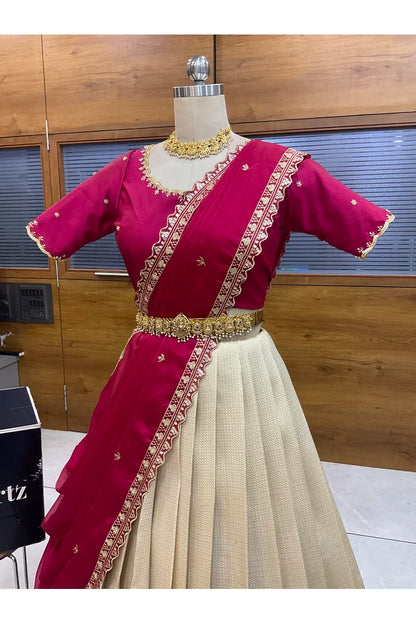 Beautiful South Indian Style Half Saree with Beads Work Blouse and Dupatta for Women | Sanskruti