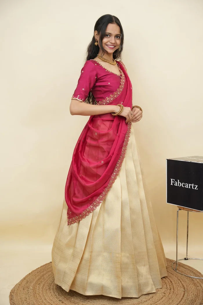 Beautiful South Indian Style Half Saree with Beads Work Blouse and Dupatta for Women | Sanskruti Kv
