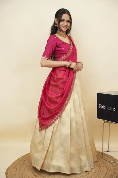 Beautiful South Indian Style Half Saree with Beads Work Blouse and Dupatta for Women | Sanskruti Kv
