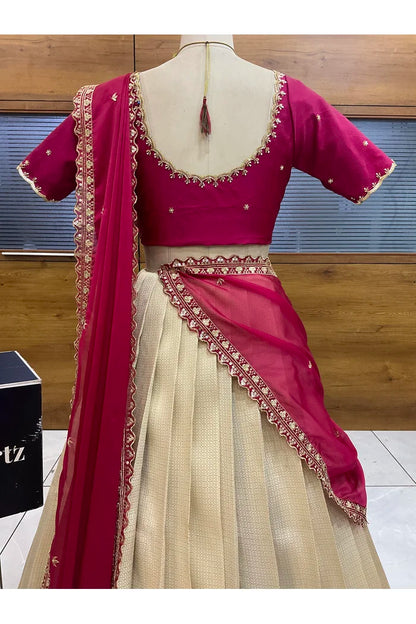Beautiful South Indian Style Half Saree with Beads Work Blouse and Dupatta for Women | Sanskruti
