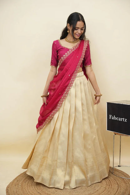 Beautiful South Indian Style Half Saree with Beads Work Blouse and Dupatta for Women | Sanskruti Kv