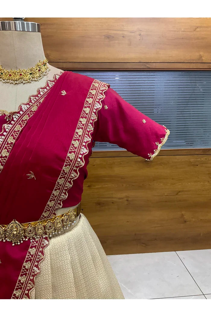 Beautiful South Indian Style Half Saree with Beads Work Blouse and Dupatta for Women | Sanskruti