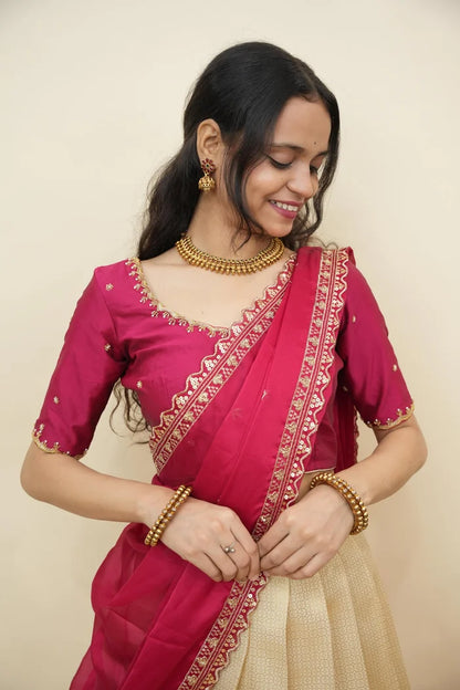 Beautiful South Indian Style Half Saree with Beads Work Blouse and Dupatta for Women | Sanskruti Kv