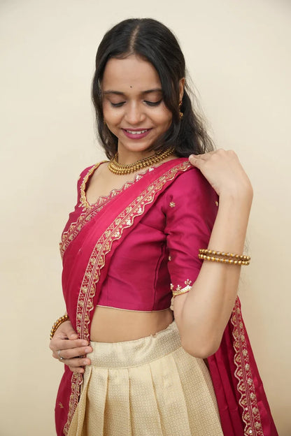 Beautiful South Indian Style Half Saree with Beads Work Blouse and Dupatta for Women | Sanskruti Kv
