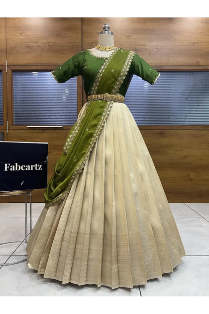Beautiful South Indian Style Half Saree with Beads Work Blouse and Dupatta for Women | Sanskruti