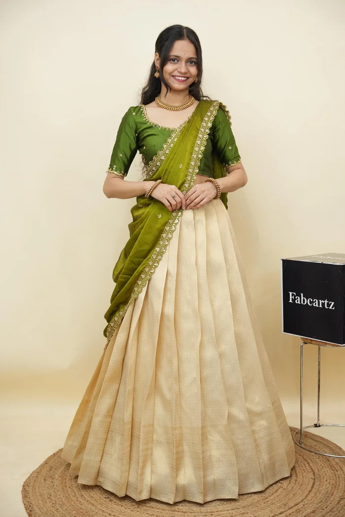 Beautiful South Indian Style Half Saree with Beads Work Blouse and Dupatta for Women | Sanskruti Kv
