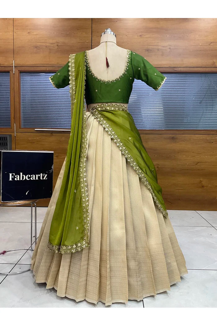Beautiful South Indian Style Half Saree with Beads Work Blouse and Dupatta for Women | Sanskruti