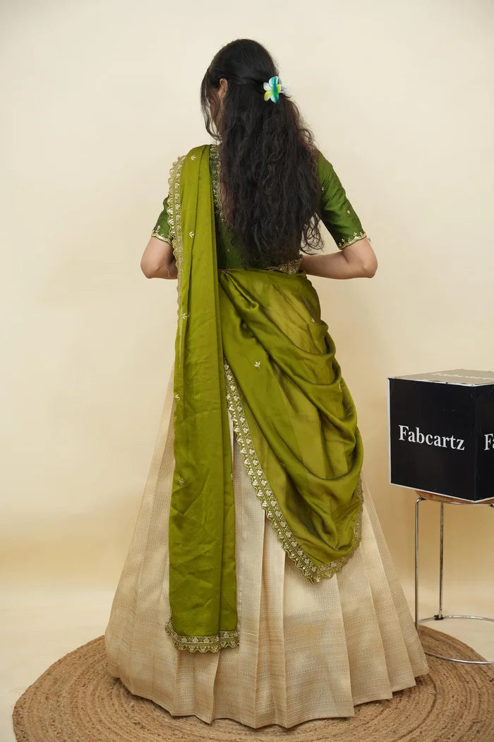 Beautiful South Indian Style Half Saree with Beads Work Blouse and Dupatta for Women | Sanskruti Kv