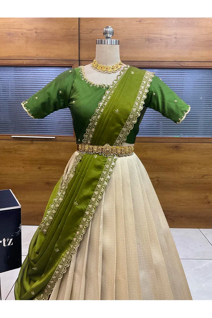 Beautiful South Indian Style Half Saree with Beads Work Blouse and Dupatta for Women | Sanskruti