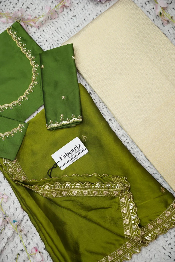 Beautiful South Indian Style Half Saree with Beads Work Blouse and Dupatta for Women | Sanskruti