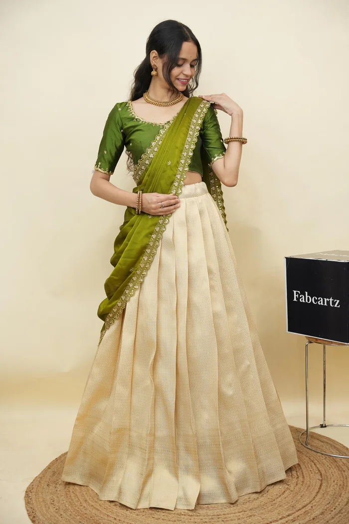 Beautiful South Indian Style Half Saree with Beads Work Blouse and Dupatta for Women | Sanskruti Kv