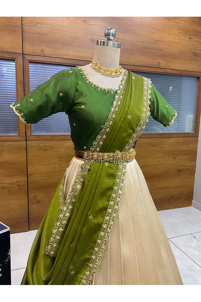 Beautiful South Indian Style Half Saree with Beads Work Blouse and Dupatta for Women | Sanskruti
