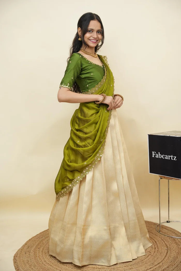 Beautiful South Indian Style Half Saree with Beads Work Blouse and Dupatta for Women | Sanskruti Kv