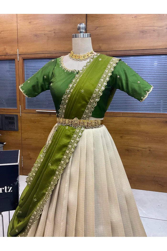 Beautiful South Indian Style Half Saree with Beads Work Blouse and Dupatta for Women | Sanskruti