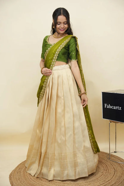Beautiful South Indian Style Half Saree with Beads Work Blouse and Dupatta for Women | Sanskruti Kv