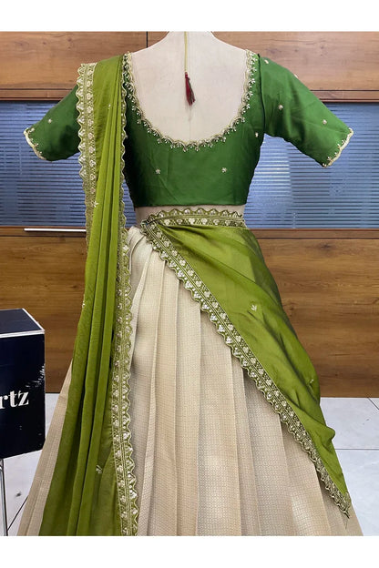 Beautiful South Indian Style Half Saree with Beads Work Blouse and Dupatta for Women | Sanskruti