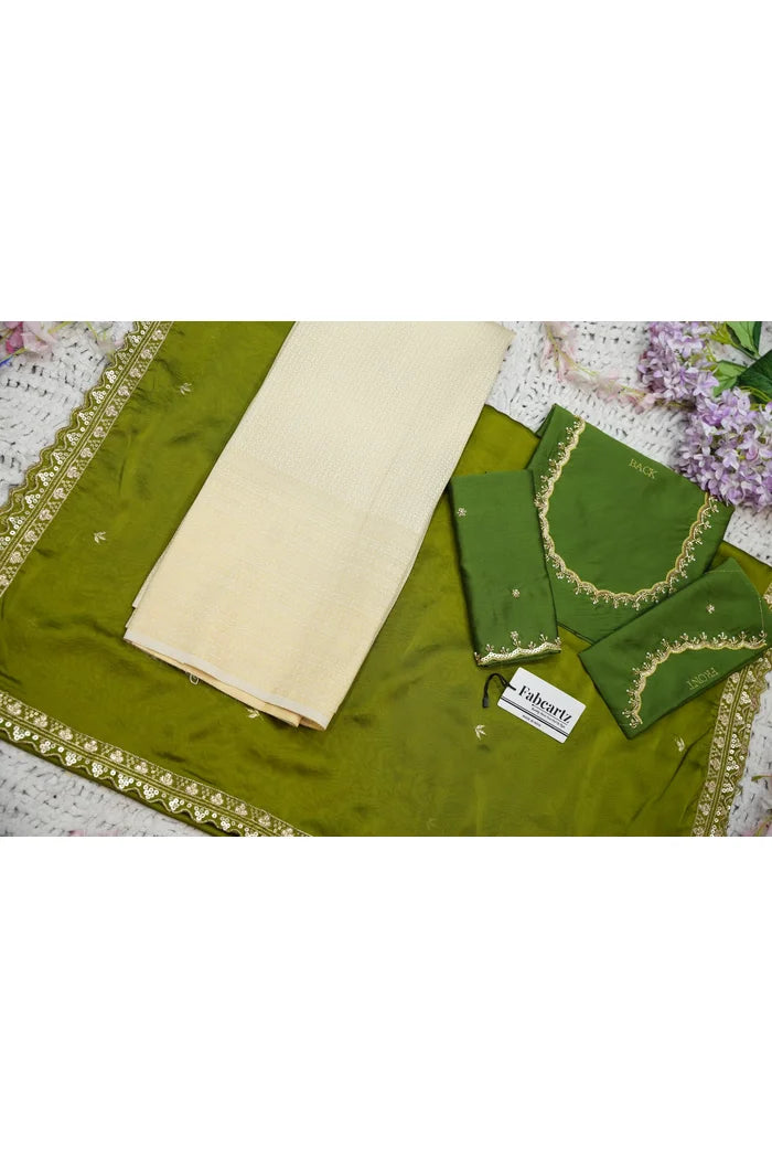 Beautiful South Indian Style Half Saree with Beads Work Blouse and Dupatta for Women | Sanskruti