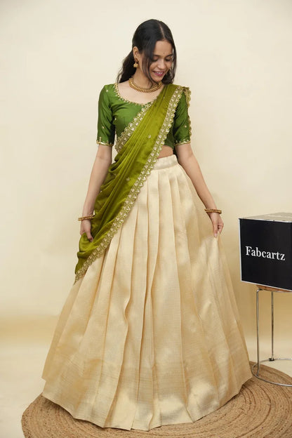 Beautiful South Indian Style Half Saree with Beads Work Blouse and Dupatta for Women | Sanskruti Kv