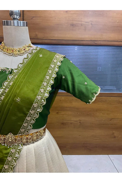 Beautiful South Indian Style Half Saree with Beads Work Blouse and Dupatta for Women | Sanskruti