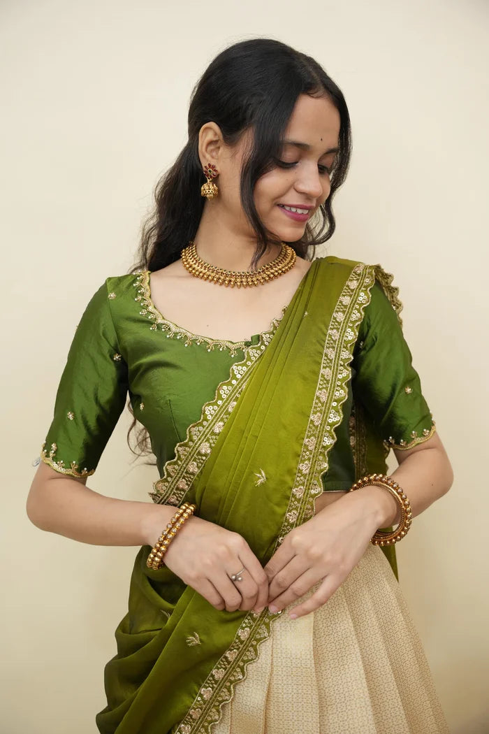 Beautiful South Indian Style Half Saree with Beads Work Blouse and Dupatta for Women | Sanskruti Kv