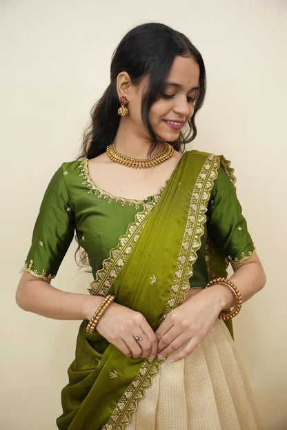 Beautiful South Indian Style Half Saree with Beads Work Blouse and Dupatta for Women | Sanskruti Kv