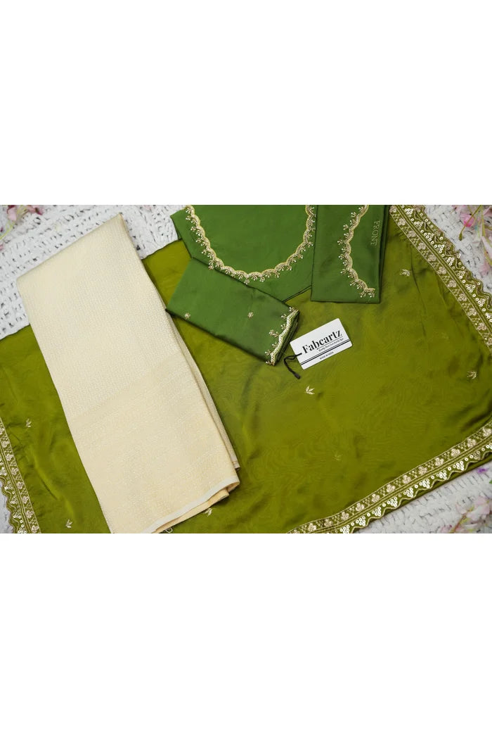 Beautiful South Indian Style Half Saree with Beads Work Blouse and Dupatta for Women | Sanskruti