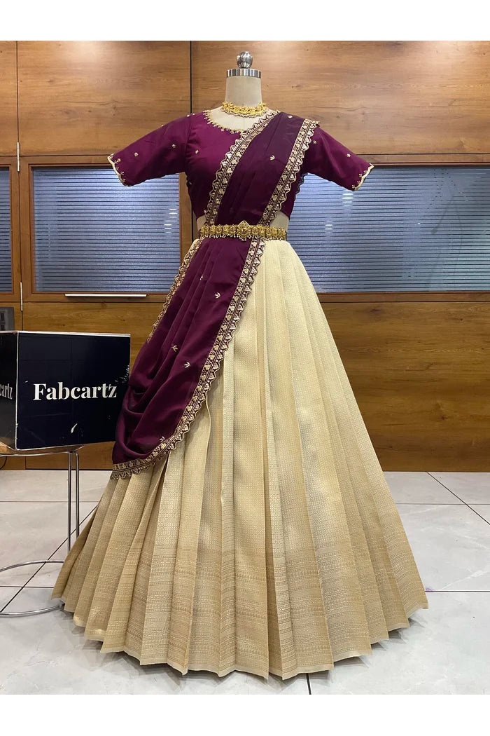 Beautiful South Indian Style Half Saree with Beads Work Blouse and Dupatta for Women | Sanskruti