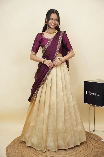 Beautiful South Indian Style Half Saree with Beads Work Blouse and Dupatta for Women | Sanskruti Kv