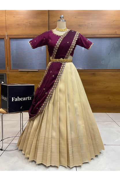 Beautiful South Indian Style Half Saree with Beads Work Blouse and Dupatta for Women | Sanskruti