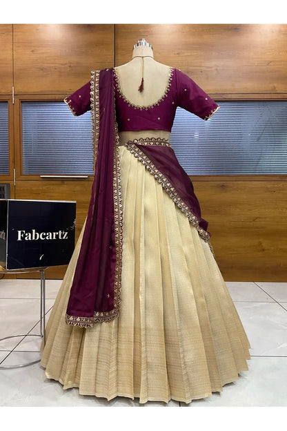 Beautiful South Indian Style Half Saree with Beads Work Blouse and Dupatta for Women | Sanskruti