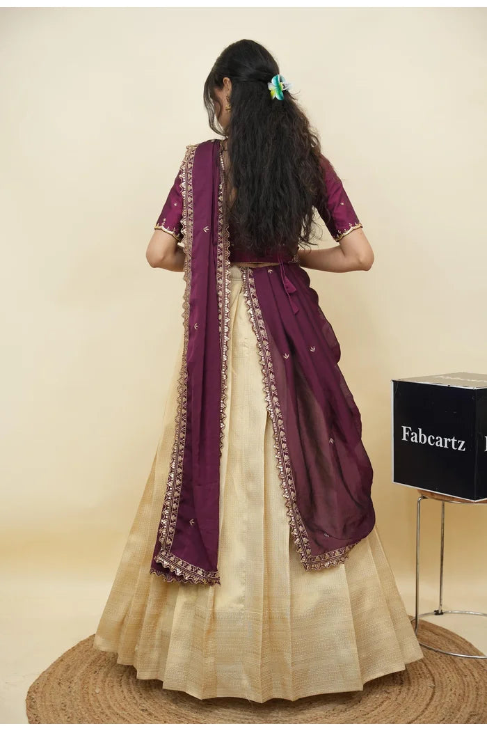Beautiful South Indian Style Half Saree with Beads Work Blouse and Dupatta for Women | Sanskruti Kv