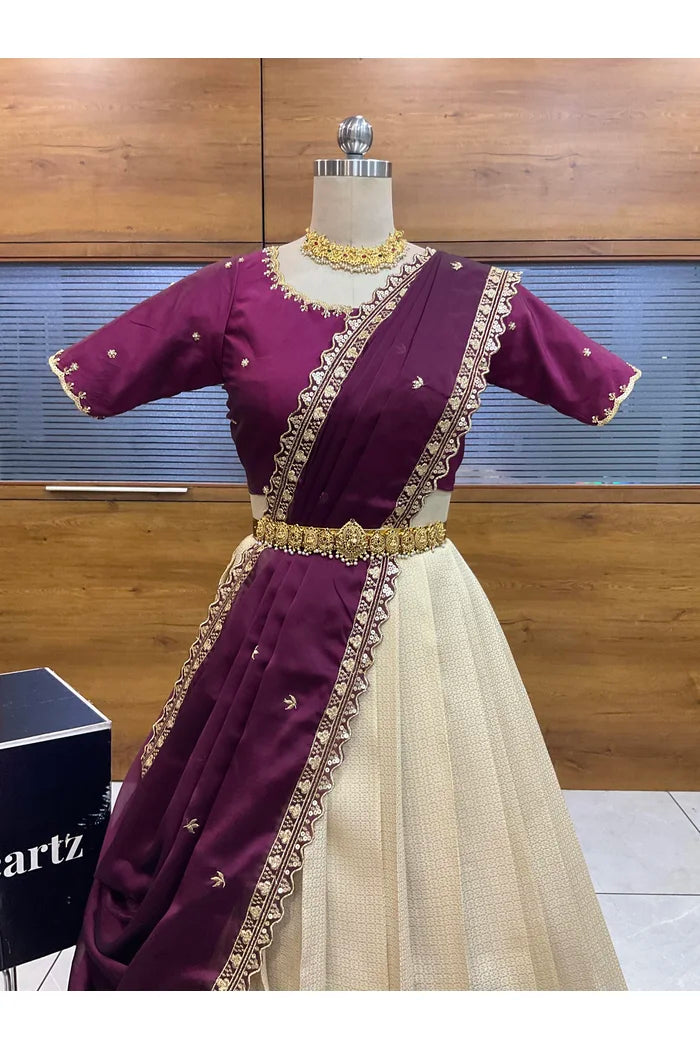 Beautiful South Indian Style Half Saree with Beads Work Blouse and Dupatta for Women | Sanskruti