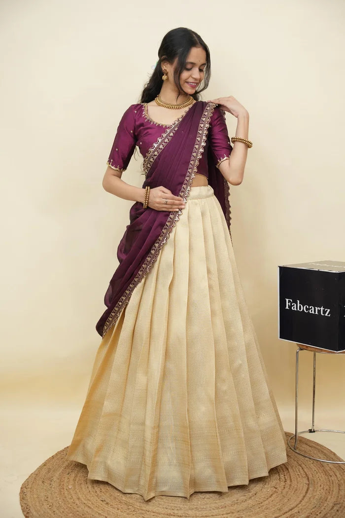 Beautiful South Indian Style Half Saree with Beads Work Blouse and Dupatta for Women | Sanskruti Kv